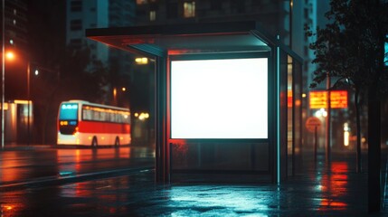 Poster - Empty billboard lightbox mockup on modern bus stop at night. Public transport urban setting. Evening city scene. Blank advertisement area for design ideas. Commercial template. 32k Resolution