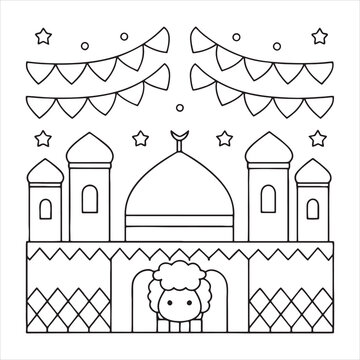 Eid Al Adha Islamic Coloring book pages for children and adults with vector design