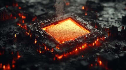 Poster - Computer processor with glowing orange light illuminating the intricate circuitry and modern technology elements