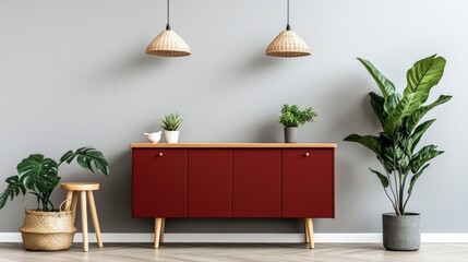 Poster - A cozy room featuring a striking red cabinet and two lush green plants adding life and color to the interior space