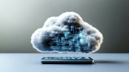 Poster - A white cloud with a smartphone embedded into it symbolizing connectivity and modern communication in the digital age