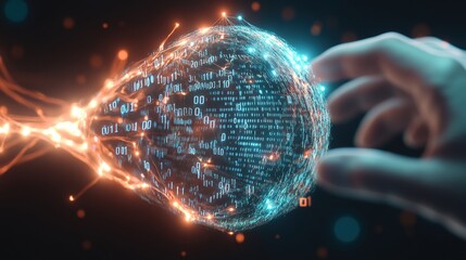 Poster - Hand holding a sphere covered in binary code illustrating the concept of digital data and information technology