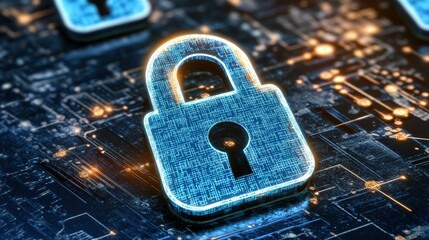 Poster - Close up of a padlock placed on a circuit board symbolizing security measures in modern technology and data protection