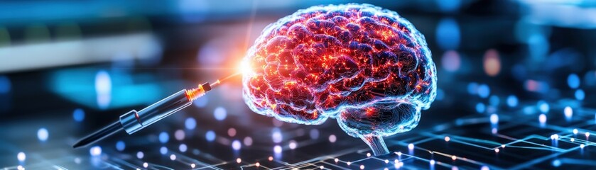 Poster - A futuristic representation of a human brain with circuit patterns in the background, symbolizing technology and intelligence
