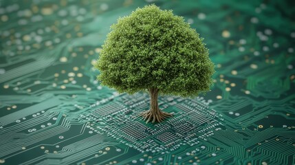 Poster - A majestic tree standing proudly on a circuit board representing the fusion of nature and technological advancement