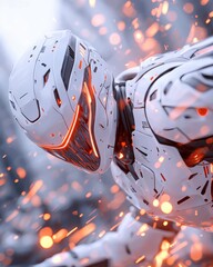 Poster - Futuristic Robot Head and Torso with Glowing Orange Accents and Abstract Background
