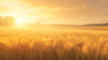 Poster - A serene sunrise illuminating a vast wheat field, evoking warmth and tranquility in nature's beauty.