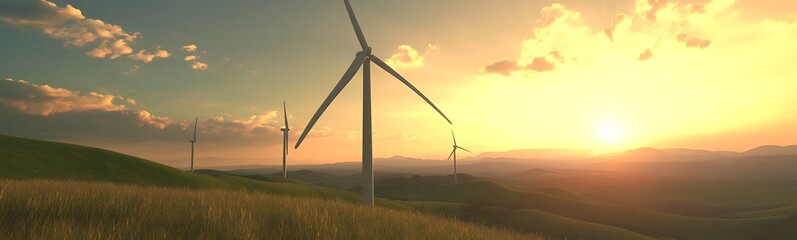 Aufkleber - Wind turbine array on green hills under golden sunlight, showcasing renewable energy in a scenic landscape.
