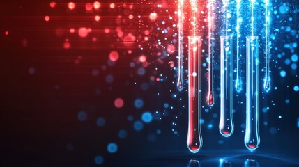 Poster - Vivid red and blue liquid mixture inside a transparent vessel creating an eye-catching visual display of colors