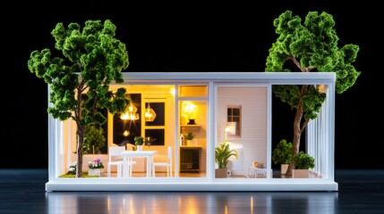 Poster - Charming doll house with a tree visible from the window representing imagination and childhood creativity in a cozy setting