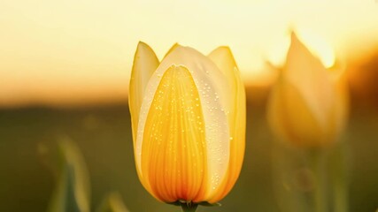 Wall Mural - Golden Tulip Buds Glistening Tiny Dewdrops Early Morning Sun Providing Beautiful Bokeh Effect Visual Art