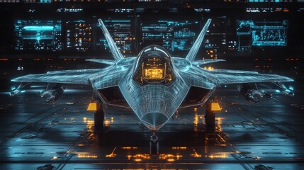 Aufkleber - Futuristic jet fighter plane displays advanced tech. Holographic displays show complex tech design. Military aircraft shows cutting edge tech. Advanced jet plane amazing features. Future aviation, 32k