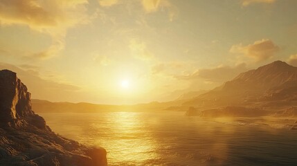 Wall Mural - a bright sun setting behind mountains, casting golden light across a landscape, with room for promot
