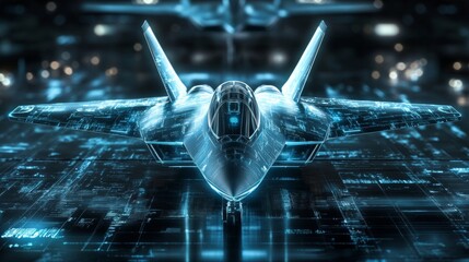 Aufkleber - Futuristic jet fighter plane displays advanced tech. Holographic displays show complex tech design. Military aircraft shows cutting edge tech. Advanced jet plane amazing features. , 32k resolution