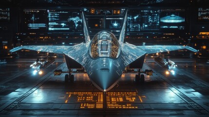 Aufkleber - Futuristic jet fighter plane displays advanced tech. Holographic displays show complex tech design. Military aircraft shows cutting edge tech. Advanced jet plane amazing features. , 32k resolution