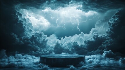 Poster - Empty podium in the middle of a powerful thunderstorm, with lightning crashing through the dark clouds above