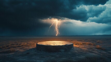 Poster - Empty podium on a rocky hill, with a massive lightning strike in the distance and dark storm clouds in the sky