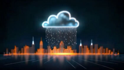 Poster - A vibrant digital skyline features a glowing cloud with rain, symbolizing connectivity and technology in a modern urban landscape.