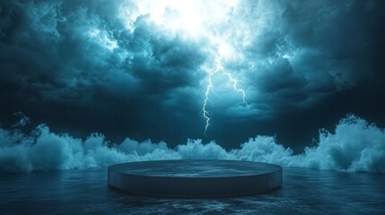 Poster - Empty podium surrounded by lightning bolts, with the sky filled with dark, menacing clouds