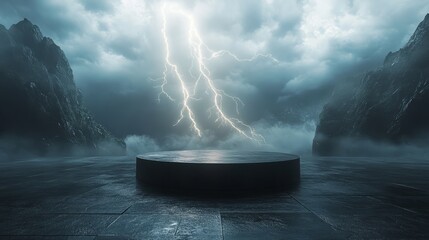 Poster - Empty podium under a stormy sky, with lightning crackling across the clouds, creating an electrifying backdrop