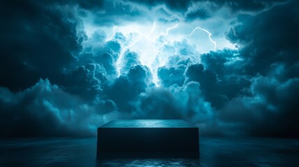Poster - Empty podium with dramatic storm clouds in the background, illuminated by the occasional flash of lightning 
