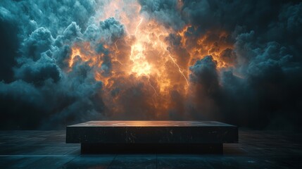 Poster - Empty podium with dramatic storm clouds in the background, illuminated by the occasional flash of lightning 