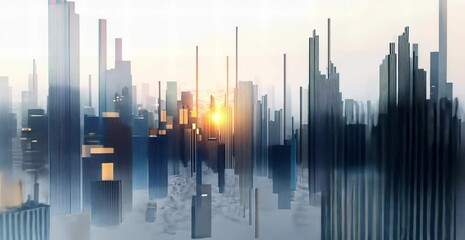 Poster - Futuristic City Skyline with Abstract Neon Elements and Sunlight