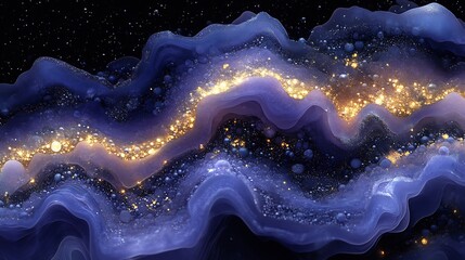 Wall Mural - Golden sparkles dance on deep blue waves creating a dreamy cosmic landscape. AI Generated