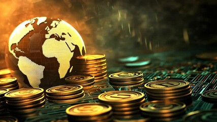 Poster - Global Finance Technology Concept with Coins and Digital Globe