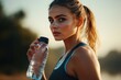 © Sean Hoong - A sporty woman enjoying a moment of hydration, holding a water bottle and preparing to continue her fitness workout.