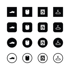 minimalist laundry icons, black and white, simple shapes, shoe icon, suit icon, washing machine icon