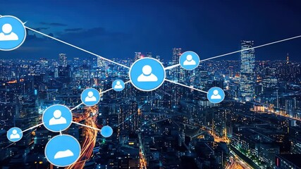 Poster - Network Connections in a Cityscape with Digital User Icons