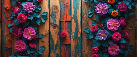 Poster - Vibrant floral arrangement on rustic wooden wall with colorful texture creating a striking and artistic background for design projects.