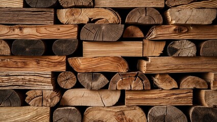 Poster - Textured wood stack background featuring various log types and patterns ideal for rustic design projects and natural aesthetics.