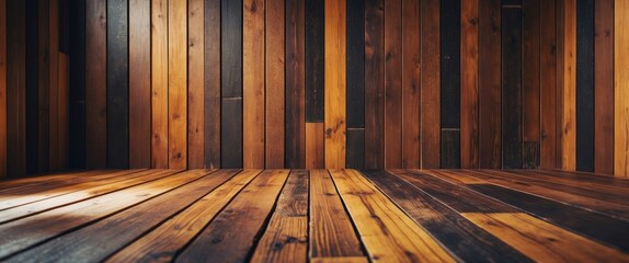 Poster - Wooden interior with rich brown textures showcasing floor and wall boards, creating a warm and inviting background for design projects.