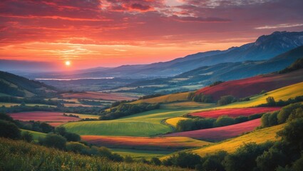 Poster - Scenic Vibrant Sunset Over Rolling Fields With Lush Colors And Copy Space For Text Messaging Or Branding In Nature Background