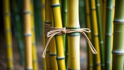 Poster - Tied yellow bamboo trunks showcasing elegance and nature's beauty in a tranquil setting with a soft focus background.