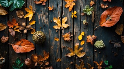 Poster - Autumn foliage arrangement on rustic wooden background showcasing nature's beauty and textures in warm earth tones