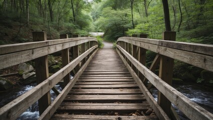 Poster - Wooden Bridge Over Stream Surrounded By Lush Green Forest Creating Tranquil Nature Path With Space For Text Overlay