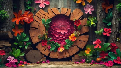 Poster - Floral woodcut backdrop with vibrant flowers and greenery creating a natural and whimsical atmosphere for photography or design projects.