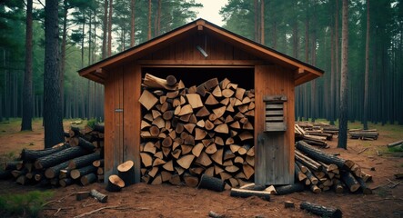 Poster - Woodshed filled with neatly stacked firewood surrounded by tranquil forest in Eastern Finland on a sunny day.