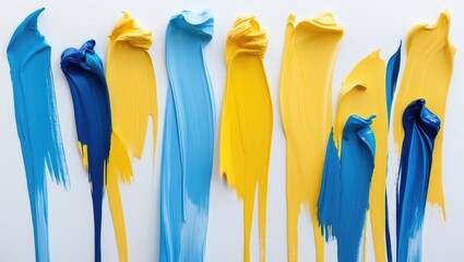 Poster - Vibrant yellow and blue paint strokes layered on a clean white background creating an abstract artistic texture for design use.