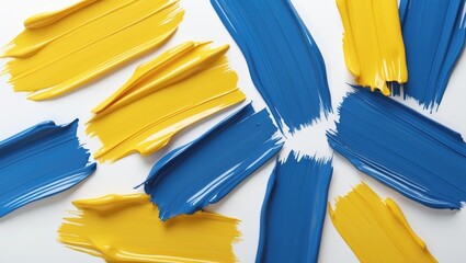 Poster - Vibrant yellow and blue paint brush strokes artistically arranged on a white background creating a visually appealing abstract design.