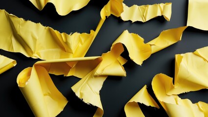 Poster - ripped yellow paper pieces scattered on a black background ideal for creative presentations and desi