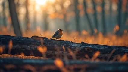 Poster - Serene morning scene of a log and a bird illuminated by soft sunlight with blurred background in a tranquil forest setting