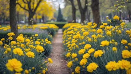 Poster - Vibrant Yellow Flower Pathway in a Lush Park Surrounded by Greenery and Trees During Springtime Bloom