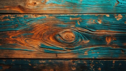 Poster - Vibrant weathered wood texture with rich brown and teal hues showcasing natural grain patterns and rustic charm. Perfect for backgrounds or design elements.