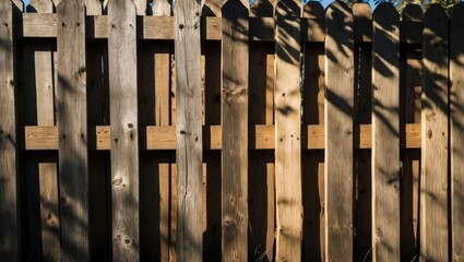 Poster - Sunlit wooden fence casting shadows showcasing textures and patterns in natural light