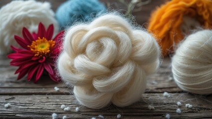 Poster - Wool Flower Arrangement with Colorful Textures and Empty Space for Custom Text Overlay