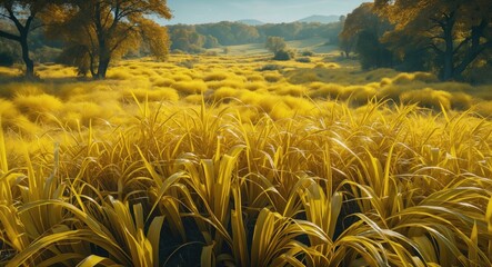 Poster - Golden grass landscape in autumn featuring lush yellow foliage and serene natural beauty under a clear blue sky.